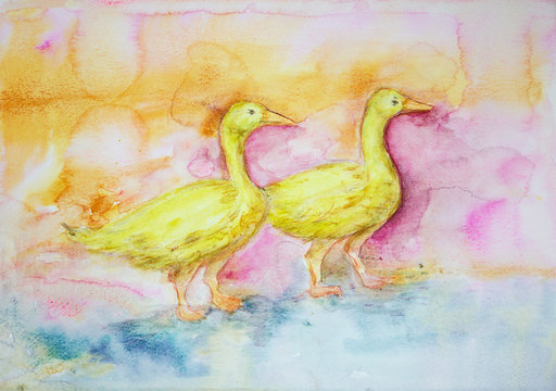 Two yellow gooses in the lake on a pink orange background. The dabbing technique gives a soft focus effect due to the altered surface roughness of the paper. © Vermeulen-Perdaen