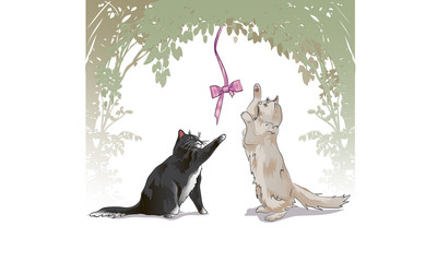 cute cartoon cat playing with bow. 
