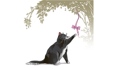 cute cartoon cat playing with bow. 