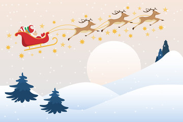 Santa Claus drives sleigh with reindeer on the full moon sky, flat cartoon style, vector illustration