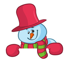 Little cute smiling snowman with scarf and woolen cap holding blank scroll for text invitation. Christmas or New year vector illustration 