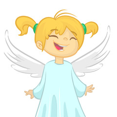 Cute cartoon Christmas angel holding a star. Vector illustration isolated. Design for print, poster, sticker, greeting card or invitation