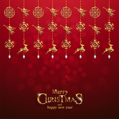 Christmas Greeting and New Years card templates with gold patterned and crystals on background color.