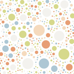 Colorful polka dots seamless pattern on white 11 background. Gorgeous classic colorful polka dots textile pattern. Seamless scattered confetti fall chaotic decor. Abstract vector illustration.