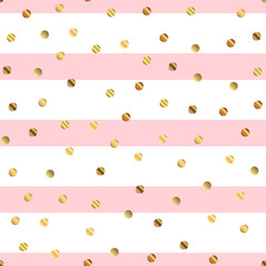 Golden dots seamless pattern on pink striped background. Exquisite gradient golden dots endless random scattered confetti on pink striped background. Confetti fall chaotic decor.