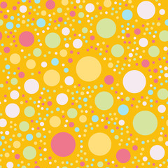 Colorful polka dots seamless pattern on bright 4 background. Good-looking classic colorful polka dots textile pattern. Seamless scattered confetti fall chaotic decor. Abstract vector illustration.