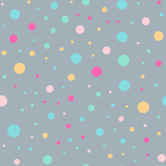 Colorful polka dots seamless pattern on bright 3 background. Brilliant classic colorful polka dots textile pattern. Seamless scattered confetti fall chaotic decor. Abstract vector illustration.