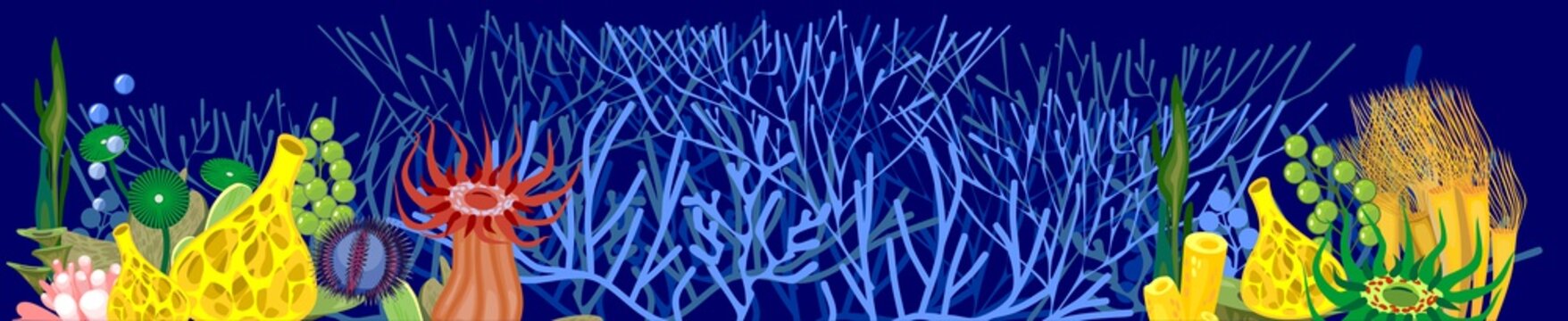 Marine background with stylized branched corals and different species of soft corals