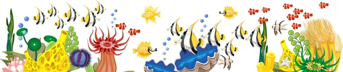Fototapeta premium Coral reef with large number of different bright marine fishes, corals and other marine animals