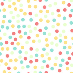 Colorful polka dots seamless pattern on black 16 background. Beautiful classic colorful polka dots textile pattern. Seamless scattered confetti fall chaotic decor. Abstract vector illustration.