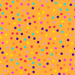 Memphis style polka dots seamless pattern on orange background. Attractive modern memphis polka dots creative pattern. Bright scattered confetti fall chaotic decor. Vector illustration.