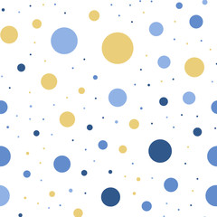 Colorful polka dots seamless pattern on white 24 background. Exceptional classic colorful polka dots textile pattern. Seamless scattered confetti fall chaotic decor. Abstract vector illustration.
