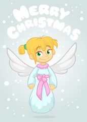 Cute happy cartoon girl angel character with white wings flying. Vector cartoon illustration isolated