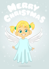 Cute happy cartoon girl angel character with white wings flying. Vector cartoon illustration isolated