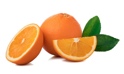 Isolated oranges. Group of fresh orange fruits with leaves