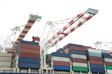 container on ship with crane on white background for logistic and transportation concept.