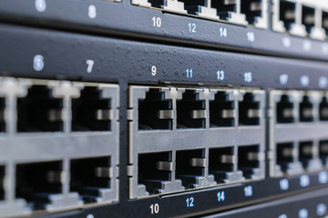 Empty switch ports are shown close up. Interent equipment.