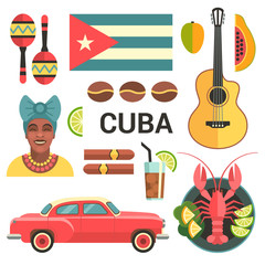 Cuba poster. Vector icons collection of Cuban culture and food, including maracas, guitar, retro car, papaya, the dish with lobster and portrait of Cuban Woman in trendy flat style.