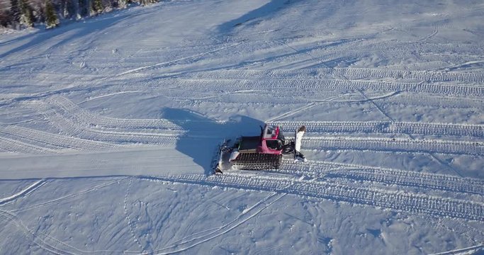 Aerial wiev: Snow groomer, Ratrak in work, Carpathian, Ukraine