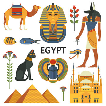 Egypt icons set. Vector collection of Egyptian culture and nature images, including pyramids, Anubis, Bastet, camel, Tutankhamen, scarab and mosque. Isolated on white.