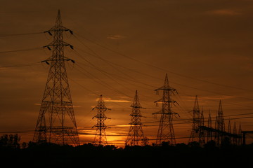 Fototapeta premium Sun Rise Electrical Transmission Wires Power 
