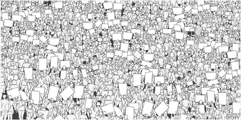 Illustration of large crowd protest with blank signs in black and white