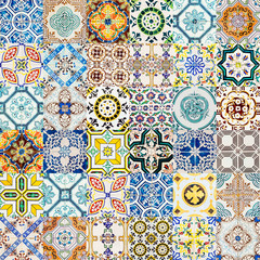 Collage Of Decorative Ceramic Wall Texture Pattern In Lisbon, Portugal