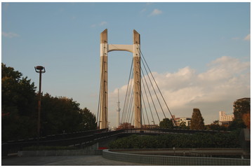 A bridge in Kiba park in Tomioka district of Tokyo with view of Tokyo Sky Tree tower in the background