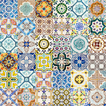 Collage Of Decorative Ceramic Wall Texture Pattern In Lisbon, Portugal