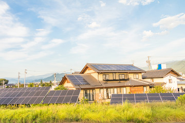 Fototapeta na wymiar Solar power panels for innovation green energy for life with blue sky background.