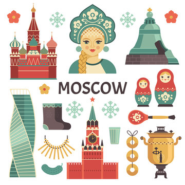 Moscow icons set. Vector collection of Russian culture and attractions images, including St. Basil's Cathedral, russian doll, Kremlin, samovar, Russian beauty in kokoshnik. Isolated on white.