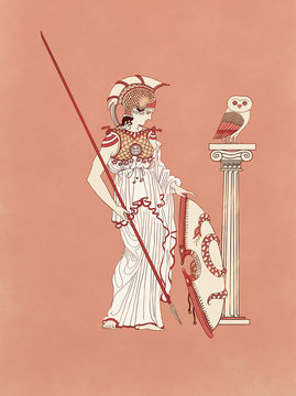 Athena, goddess and Athens protector as warrior armed with shield, spear, chest and feather helmet beside an owl - Inspired on ancient classic greek pottery and ceramics red-figure drawings