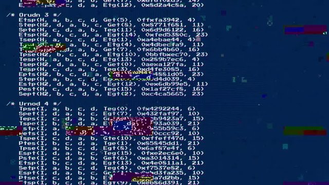 Simple source code scrolling animation, scrambled text from public domain, white characters on a blue background, full of digital glitches and noise.
