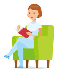 A female nurse wearing a white uniform is sitting on a sofa and reading books