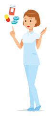 A female nurse wearing a white uniform describes the medicine