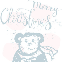 Cartoon Christmas hand drawn Lettering and abstract illustration witn nordic teddy bear. Cute Xmas background for postcards, greeting cards, invitations, nursery design, baby showers, wallpapers