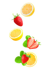 Fototapeta na wymiar Falling strawberry and lemon on white