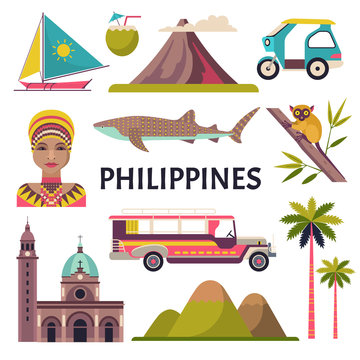 Philippines icons set. Vector collection of Philippine culture and nature images, including Fort Santiago, portrait of a woman, tricycle, jeepney and a whale shark. Isolated on white.
