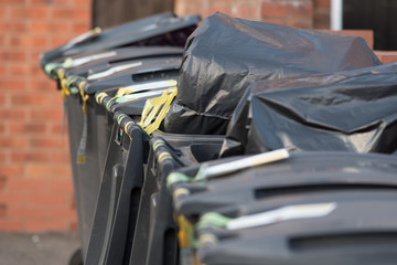 waste refuse wheelie bins in a line waiting for collection