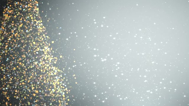 Merry Christmas greeting video card. Christmas tree with shining light, falling snowflakes and stars, 4K video background