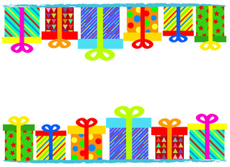 Merry Christmas or Happy Birthday Greeting Card Banner with Colourful Gift Boxes, Stock Vector Illustration