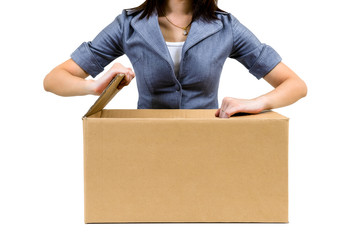 Worker open cardboard box isolate on white background