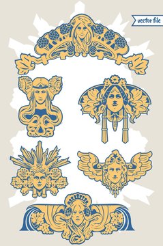 Decor elements of art nouveau building in vector illustration and ornament mascaron head figures

