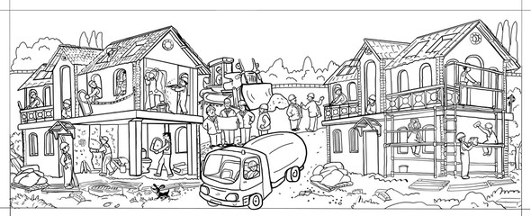 poster, coloring, children, building, house, city, worker, machine, training, profession, school