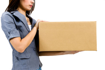 Worker carrying closed cardboard box isolate on white background