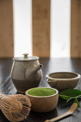 Matcha. Organic Green Matcha Tea ceremony. Matcha powder. Cooking with matcha.