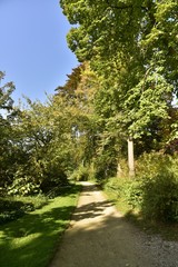 Chemin en gravier beige concassé traversant la végétation luxuriante en automne du Vrijbroekpark à Malines