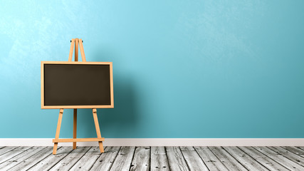Blank Blackboard on Wooden Floor © MR