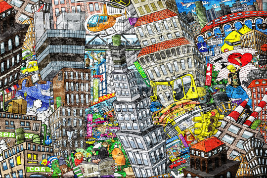 city, an illustration of a large collage, with houses, cars and people