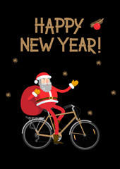 Santa Claus on bike with golden lettering Happy New Year on black background. Vector illustration.